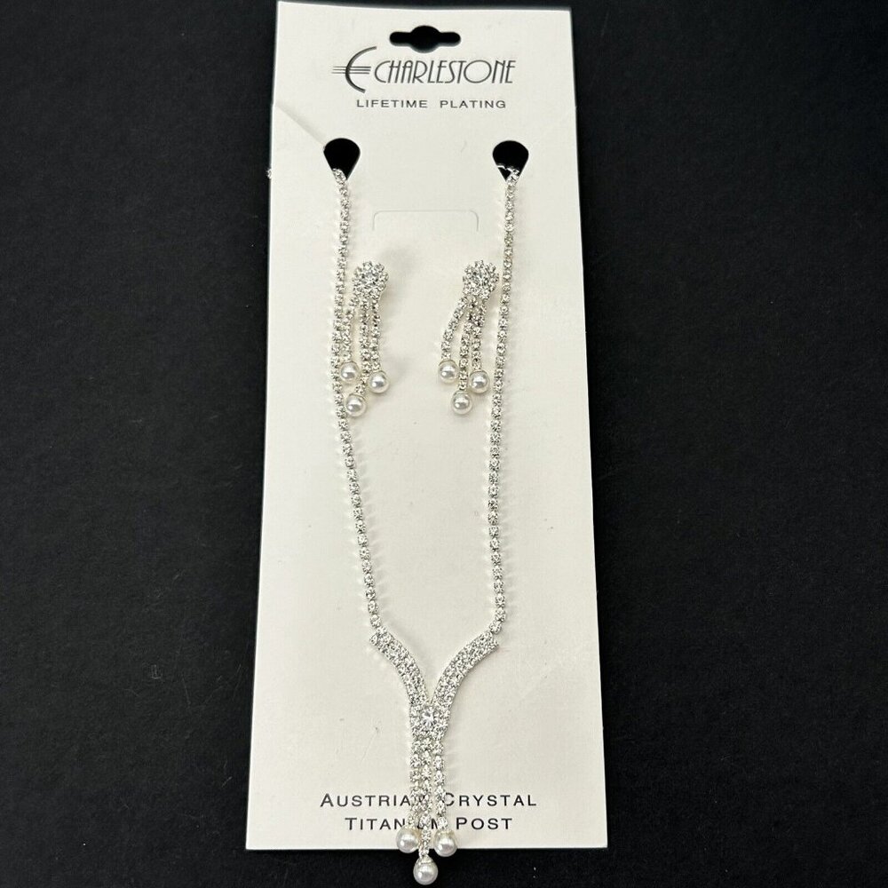 Charlestone Jewelry Set Necklace Earrings Austrian Crystal Faux Pearl Wedding